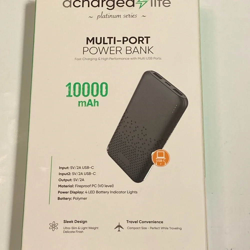 NWT A Charged Life Black Multi-Port Power Bank 10000mAh